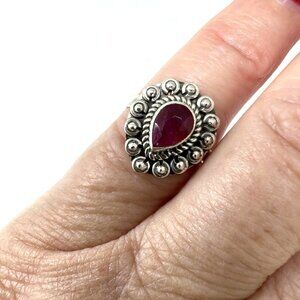 Sterling Silver Tear Drop Red Gemstone Ring